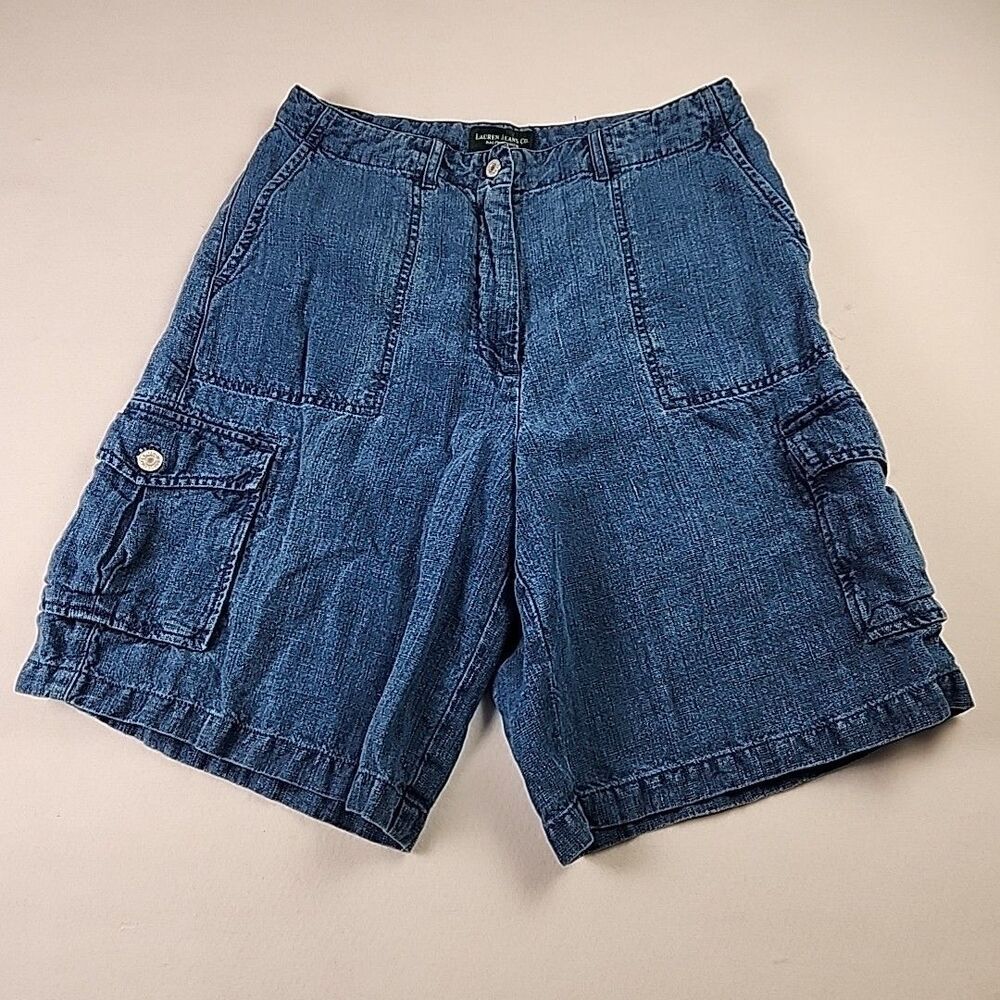 VTG Lauren Jeans Co Blue 100% Linen Cargo Chambray High Rise Mom Shorts Size 10